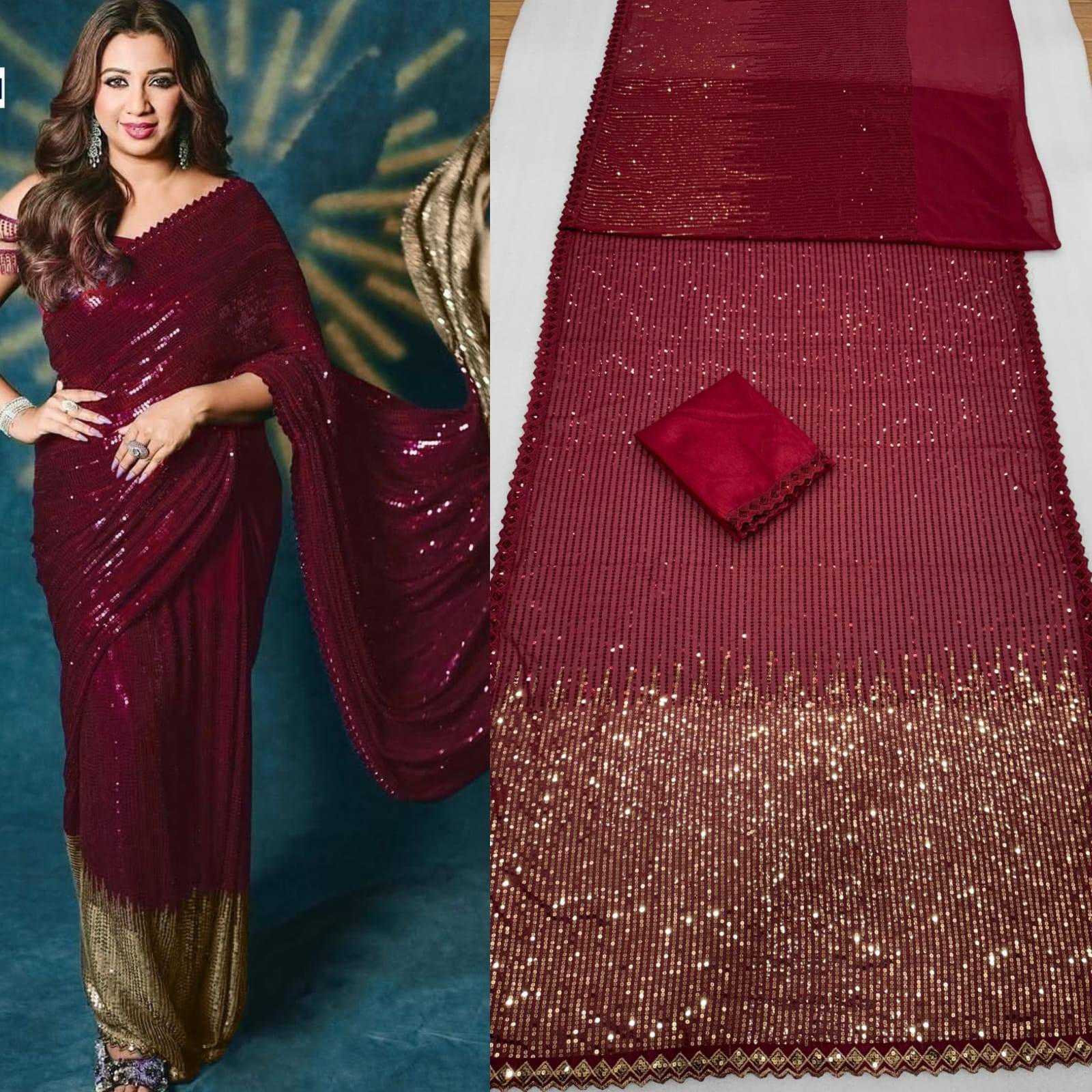 Maroon Premium Sequins Embroidered Faux Georgette Saree